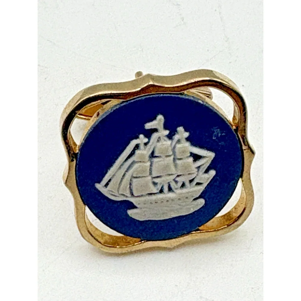Wedgwood Cuff links Viking Ship Blue Jasperware Stratton England Vintage Signed